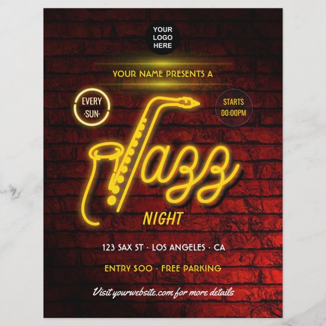 Prospectus 21,6 Cm X 24,94 Cm Festival de jazz Neon ajoutez un logo et une photo (Devant)