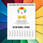 Prospectus 21,6 Cm X 24,94 Cm Fête d'anniversaire Clown déchirer les bandes Circ<br><div class="desc">Faites la promotion de votre entreprise de clown de fête avec ce prospectus qui présente des illustrations d'un "visage" clown avec perruque arc-en-ciel, nez clown rouge et cravate arc-jaune. Il est facile de personnaliser ces prospectus avec toutes vos informations. Les bandes détachées ou les bandes détachées en font un outil...</div>