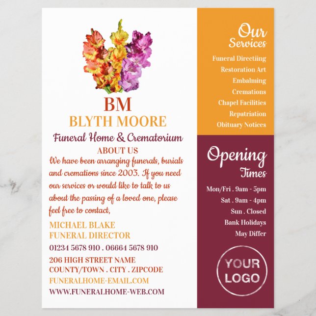 Prospectus 21,6 Cm X 24,94 Cm Fleurs de Glaïeul, Maison Funéraire, Directeurs (Devant)