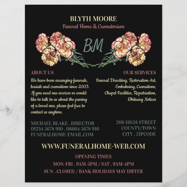 Prospectus 21,6 Cm X 24,94 Cm Fleurs d'oeillets, Maison funéraire, Directeurs (Devant)