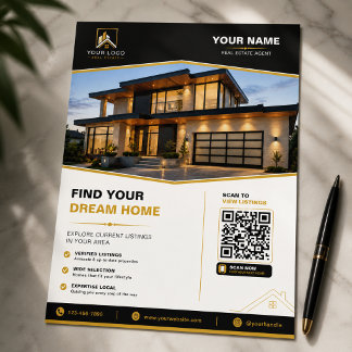 Prospectus 21,6 Cm X 24,94 Cm Flyer de conception QR immobilier en or noir de lu