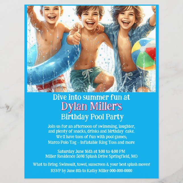 Prospectus 21,6 Cm X 24,94 Cm Garçons Anniversaire Pool Party Invitation Flyer (Devant)