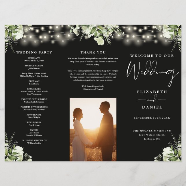 Prospectus 21,6 Cm X 24,94 Cm Greenery String Lights Trifold Wedding Program (Devant)