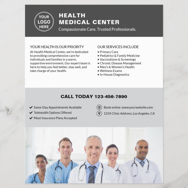 Prospectus 21,6 Cm X 24,94 Cm Healthcare Clinic Doctor Logo Photo QR Gray (Devant)