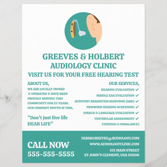 Prospectus 21,6 Cm X 24,94 Cm Icône d'aide auditive, audiologiste, Clinique d'au (Devant)