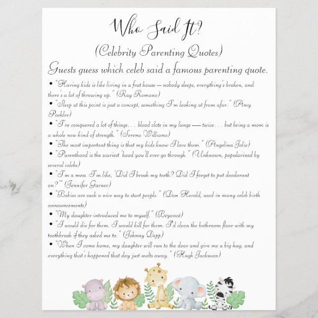 Prospectus 21,6 Cm X 24,94 Cm Jeux de Baby shower Jungle Safari (Devant)