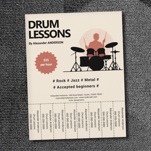 Prospectus 21,6 Cm X 24,94 Cm Leçons de tambour Enlever les bandes (Drum Lessons Tear Off Strips Flyer)