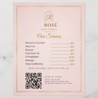 Prospectus 21,6 Cm X 24,94 Cm Liste de prix du salon de coiffure Rose Pâle et Or