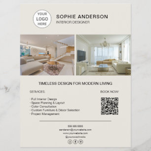 Prospectus 21,6 Cm X 24,94 Cm Logo de designer d'intérieur photo QR neutre affai