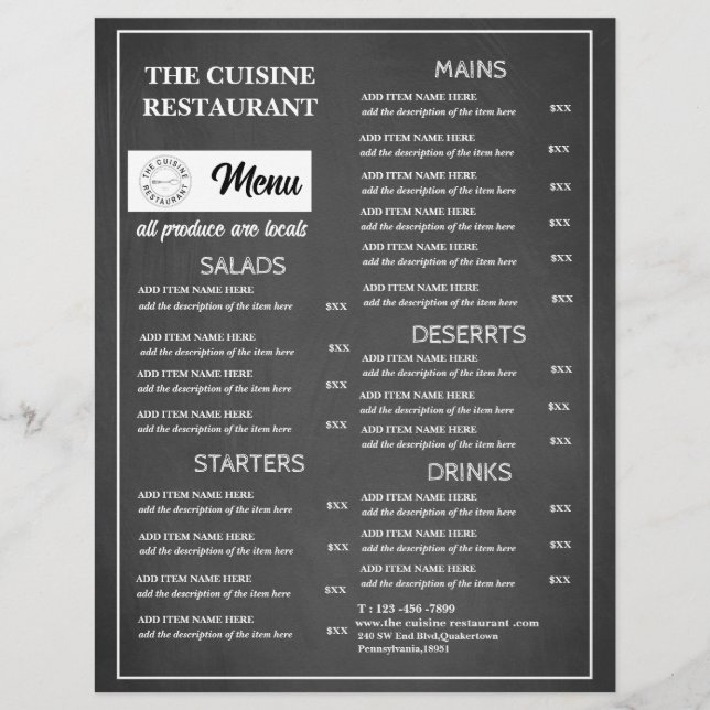 Prospectus 21,6 Cm X 24,94 Cm Logo du restaurant Chalkboard (Devant)