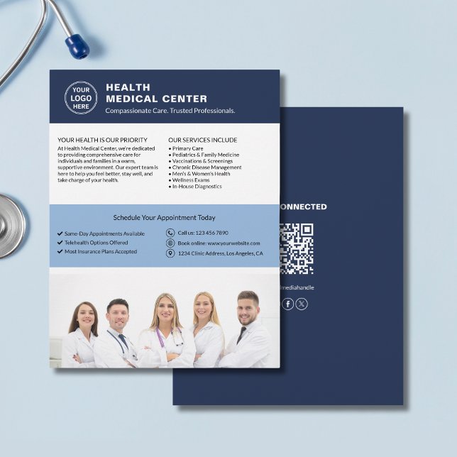 Prospectus 21,6 Cm X 24,94 Cm Logo sur mesure Photo QR Healthcare Clinic Doctor (Modern Healthcare Clinic Doctor Template Logo QR Flyer)