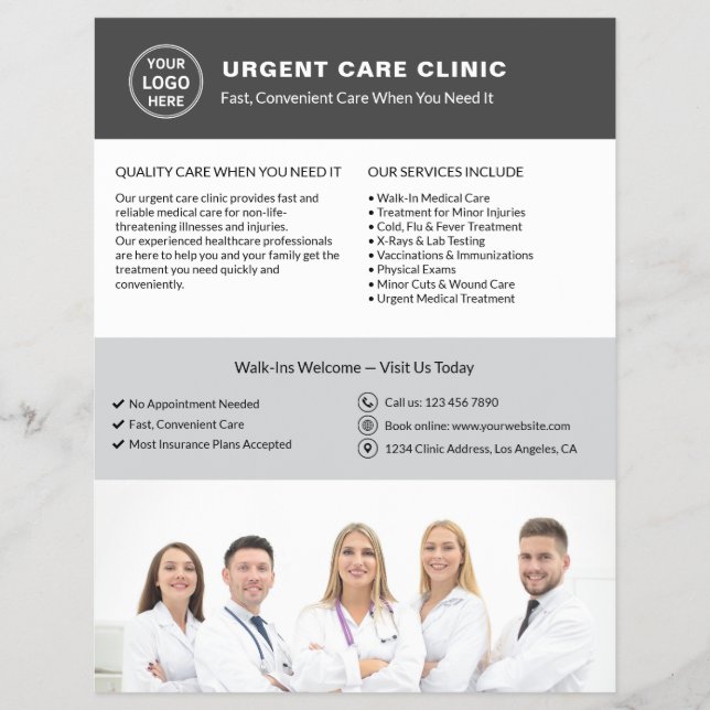 Prospectus 21,6 Cm X 24,94 Cm Medical Clinic Urgent Care Gray Logo QR (Devant)