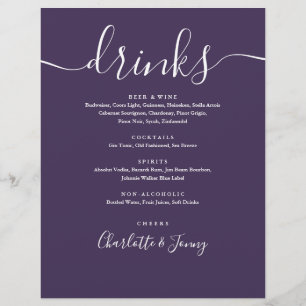 Prospectus 21,6 Cm X 24,94 Cm Menu Boissons Mariage Purple Modern Script