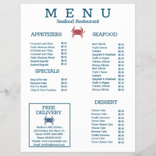 Prospectus 21,6 Cm X 24,94 Cm Menu de restaurant de grillades de crabe de fruits