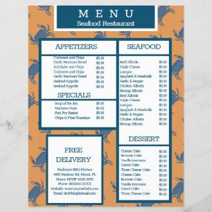 Prospectus 21,6 Cm X 24,94 Cm Menu du Grill de Crabe de Fruits de Mer Restaurant