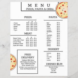 Prospectus 21,6 Cm X 24,94 Cm Menu Simple Pizza Pâtes Grill Restaurant Spaghetti