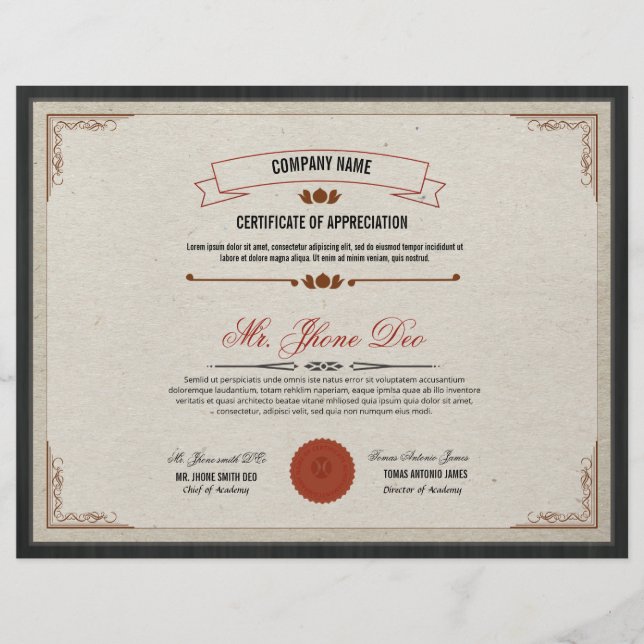 Prospectus 21,6 Cm X 24,94 Cm Modèle de certificat (Devant)