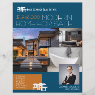 Prospectus 21,6 Cm X 24,94 Cm MODERN BLUE Real Estate Realty Flyer For Sale