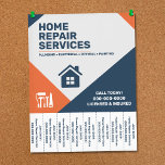 Prospectus 21,6 Cm X 24,94 Cm Modern Home Repair Tear-Off Tabs Flyer<br><div class="desc">A professional home repair services flyer with tear-off tabs with a clean, modern design featuring bold blue and orange accents, accompanied by a house-shaped icon, all on a gray background with subtle geometric patterns. A collage of repair tools including a hammer, screwdriver, paint roller, handsaw and wrench is arranged on...</div>