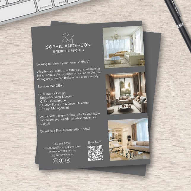 Prospectus 21,6 Cm X 24,94 Cm Monogramme Photo QR Grey Professionnel (Monogram Photo QR Grey Professional Business Flyer)