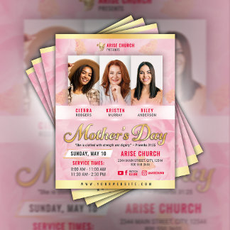 Prospectus 21,6 Cm X 24,94 Cm Mother's Day Church Service Pink Florals & Gold