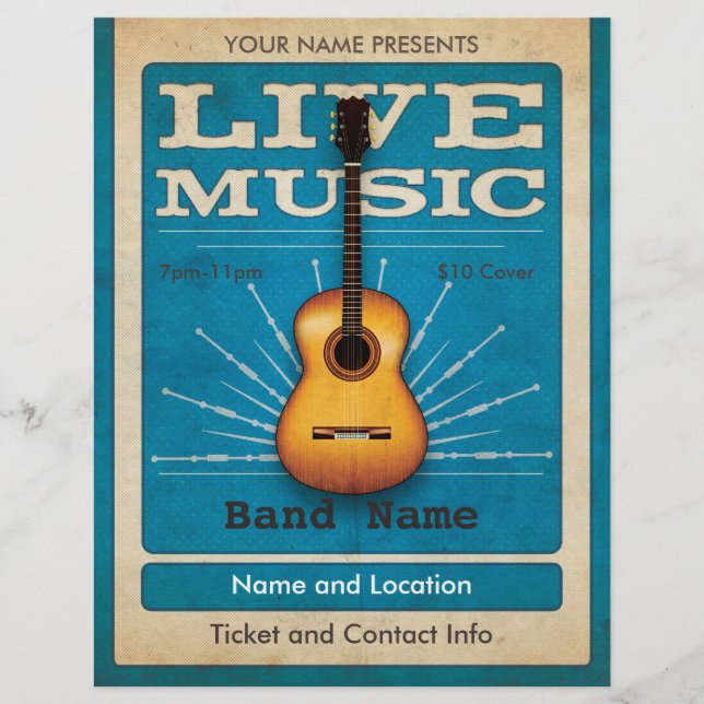 Prospectus 21,6 Cm X 24,94 Cm Musique Live Acoustique Guitare Flyer bleu (Devant)