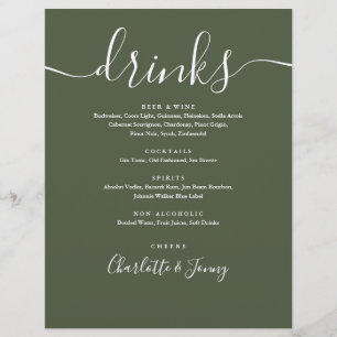 Prospectus 21,6 Cm X 24,94 Cm Olive Green Modern Script Mariage Menu Boissons