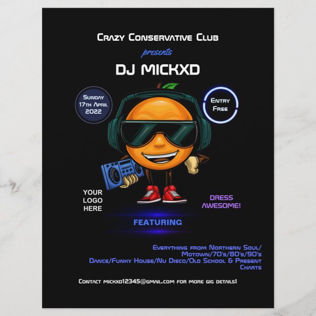 Prospectus 21,6 Cm X 24,94 Cm Orange DJ Music and Dance Gig Flyer (Devant)