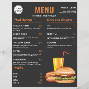 Prospectus 21,6 Cm X 24,94 Cm Prix du menu de nourriture Hamburger Hotdog Orange