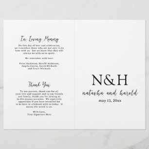 Prospectus 21,6 Cm X 24,94 Cm Programme de mariage à monogramme gras noir et bla