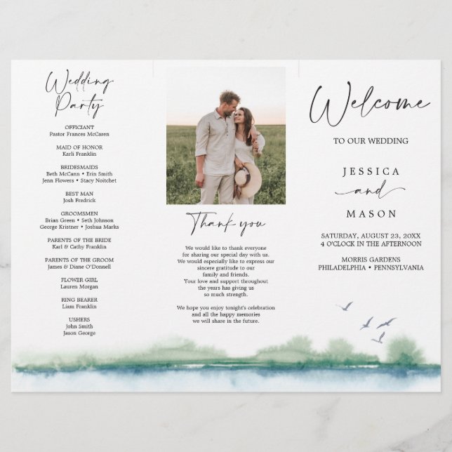 Prospectus 21,6 Cm X 24,94 Cm Programme de mariage triptyque Mountain Lake (Devant)