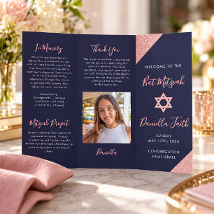 Prospectus 21,6 Cm X 24,94 Cm Programme triptyque Bat Mitzvah Navy Rose Gold