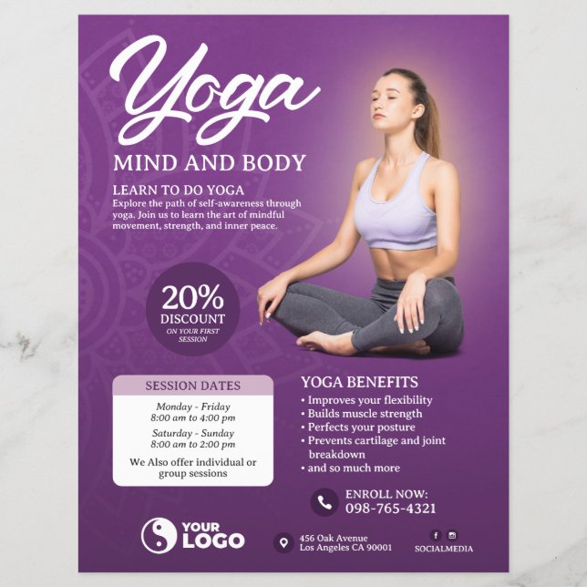 Prospectus 21,6 Cm X 24,94 Cm Purple Yoga Classe Flyer (Devant)
