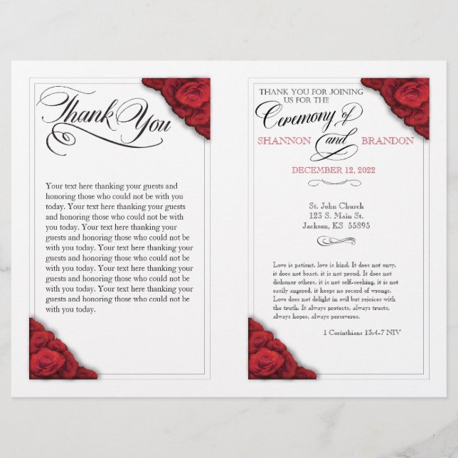 Prospectus 21,6 Cm X 24,94 Cm Red Roses Foldable Mariage Cérémonie Programme (Devant)