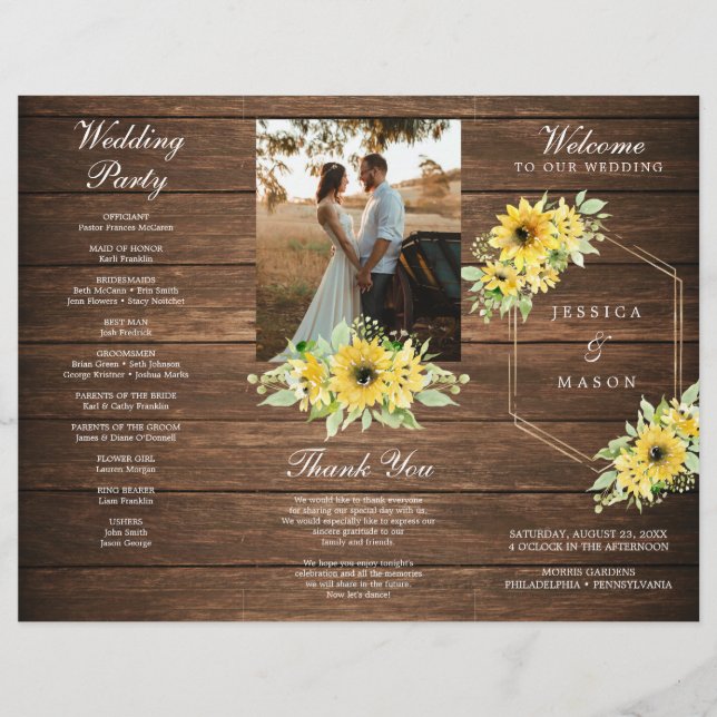 Prospectus 21,6 Cm X 24,94 Cm Rustique Tournesol vert Programme de mariage plié (Devant)