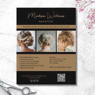 Prospectus 21,6 Cm X 24,94 Cm Services de coiffure de salon moderne QR Noir Or