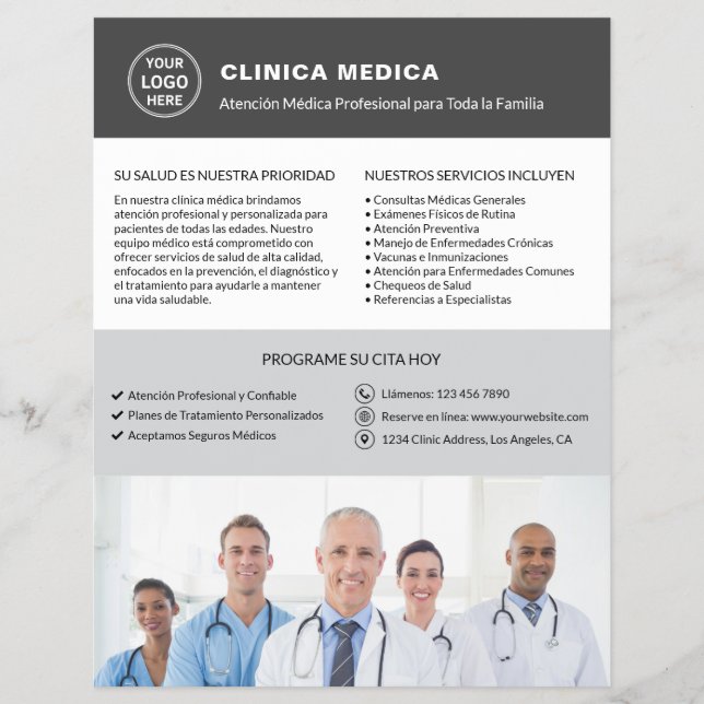 Prospectus 21,6 Cm X 24,94 Cm Spanish Medical Clinic Doctor Logo QR Gray (Devant)