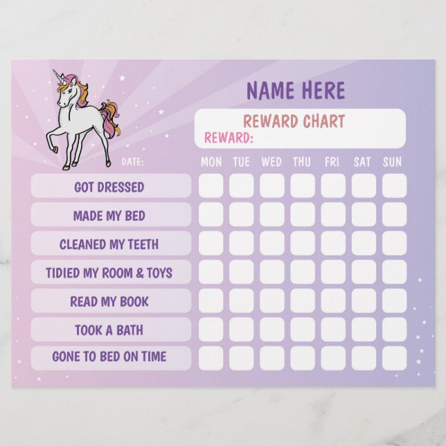 Prospectus 21,6 Cm X 24,94 Cm Unicorn Girl Reward Chart Planificateur personnali (Devant)