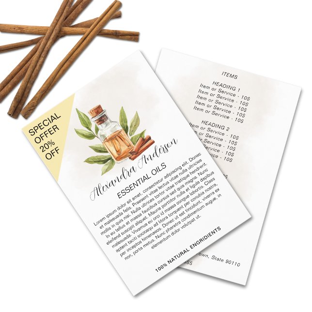 Prospectus Huiles Essentielles de Cannelle Aquarelle Feuillag (Cinnamon Essential Oils Watercolor Greenery Flyer)
