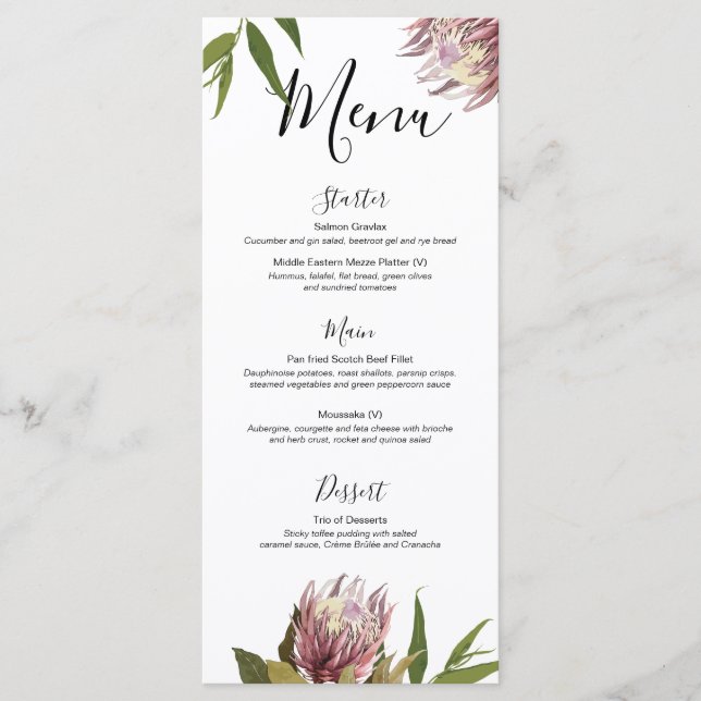Protea Boho Green Eucalyptus Menu Mariage (Devant)