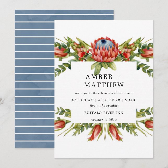 Protea Colorful Watercolor Flower Wedding invite (Devant / Derrière)