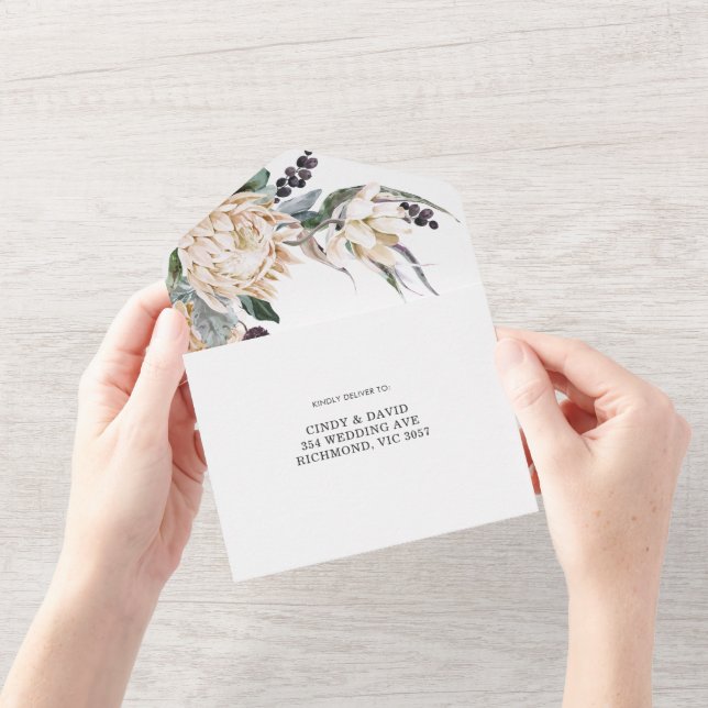 Protea roi blanc tout en un Faire-part de mariage (Ouverture)