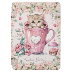 Protection iPad Air Cute Kitten Chat en Coupe Fleurs Roses Roses Roses