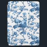 Protection iPad Air Élégant Vintage bleu Rose floral chic<br><div class="desc">Elégant et chic motif floral d'inspiration vintage,  avec roses roses roses,  vignes vertes,  feuillage,  fleurs et oeillets blancs. La couleur Arrière - plan est personnalisable (noir utilisé dans l'aperçu).</div>