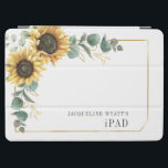 Protection iPad Air Eucalyptus floral tournesol géométrique<br><div class="desc">Script floral Eucalyptus couverture de tournesol pour vos précieuses possessions. Doté d'un beau bouquet floral rustique, cadre d'effet doré géométrique, avec une typographie simple et moderne. CONSEIL : Des cartes de suite mariage comme RSVP, des programmes de mariage, des bannières, des tapisseries, des étiquettes cadeaux, des affiches, et d'autres cadeaux...</div>