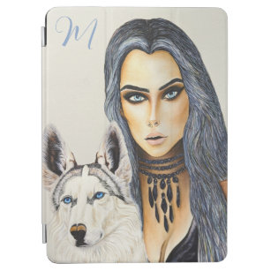 Protection iPad Air Monogramme moderne Glam Woman & Husky Wolf Dog