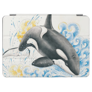 Protection iPad Air Orca Tiller Whale Jumer dans les vagues Aquarelle