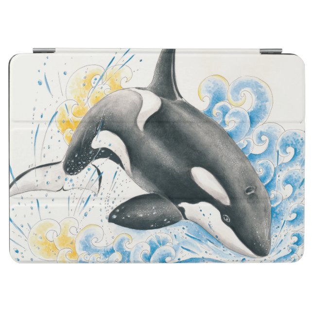 Protection iPad Air Orca Tiller Whale Jumer dans les vagues Aquarelle (Horizontal)