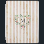 Protection iPad aquarelle rayures fleurie couronne monogramme<br><div class="desc">rayures d'aquarelle dans les tons pastel avec couronne de fleurs de printemps et monogramme serif facile à customiser</div>
