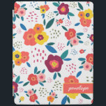 Protection iPad Floral Whimsical en Jaune et Corail Nom du script<br><div class="desc">Whimsical,  moderne et amusant ! Ce coque ipad personnalisé avec un superbe imprimé floral avec des fleurs et des feuilles en rose,  corail,  orange,  bleu et vert cris ressort joie. Merveilleux pour les mères,  les jardiniers,  les mariées,  les ados et plus. Une partie d'une collection de Parcel Studios.</div>